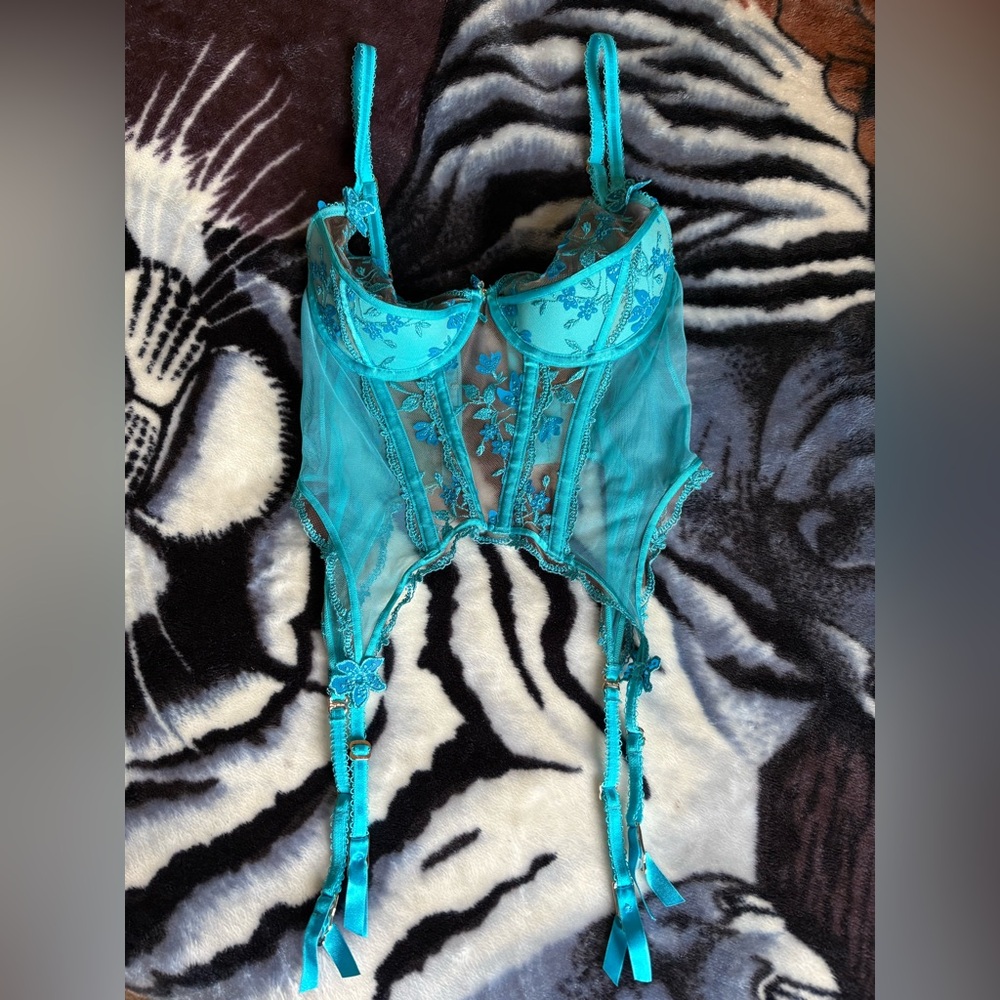 Honey Birdette Teal Lace Embroidered Bustier with Garters